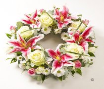 Pink and White Rose & Lily Wreath Code JGFF150PWW | Local Delivery Or Collect From Shop Only
