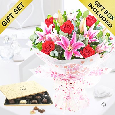 Rose and lily hand-tied with luxury Belgian chocolates Code: JGF20005RRLC  | Local delivery or collect from shop only