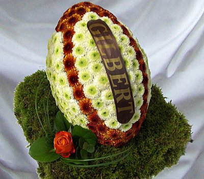 Rugby Ball Funeral Flowers 3D Orange & White  Code: JGF9845OW