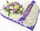 Lavender and White Bassed Heart With Name On Ribbon Code: JGF410210WLN | Local Delivery Or Collect From Shop Only