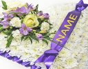 Lavender and White Bassed Heart With Name On Ribbon Code: JGF410210WLN | Local Delivery Or Collect From Shop Only