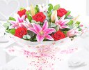 Rose and Lily Hand-tied with a Red Plain Heart Balloon Code: JGF20072RLRHB | Local Delivery Or Collect From Shop Only