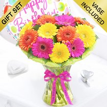 Happy Birthday Germini Cheer Vase with a fun Happy Birthday Balloon Code:JGFH00280GCHB  | Local Delivery Or Collect From Shop Only