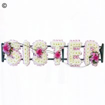 Sister funeral flower letter tribute pink and white Code: JGFF9853PWBB | Local delivery or collect from shop only