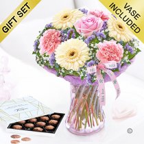 Mothers day with love vase with a box of luxury Belgian milk chocolate truffles Code: JGFM480MV-T  | Local delivery or collect from our shop only