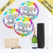 Happy birthday champagne and balloon celebration with a box of Belgian chocolates Code: JGFB7CBGSC | local delivery or collect from shop only