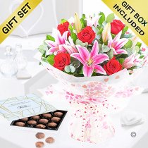 Rose and lily hand-tied with luxury belgian chocolate truffles Code: JGF20005RRLCT | Local delivery or collect from shop only