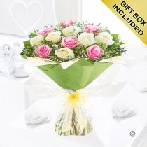 12 Pink and white rose mixed hand-tied with gypsophila Code: JGF945012PWR| Local delivery or collect from shop our only