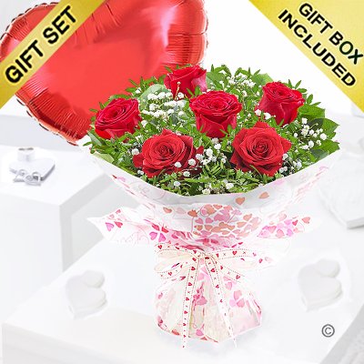 6 red rose hugs and kisses with a fun helium filled plain red heart balloon Code JGF60006RRPHB  | Local delivery or collect from shop only
