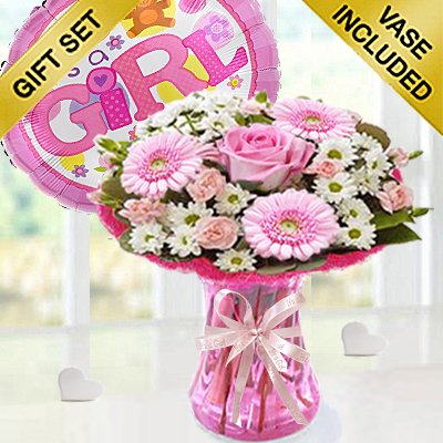 Baby Girl Cotton Candy Vase With a Fun Helium It's a Girl Balloon Code: JGFC00281PBS | Local Delivery Or Collect From Shop Only
