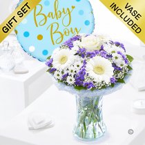 Baby boy azure vase with a fun baby boy helium balloon, Code: JGFA928871BVB | Local delivery or collect from our shop only