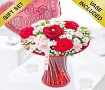 Red Love Vase with a Fun Helium Happy Valentines Balloon Code: JGFV400VHVB  | Local Delivery Or Collect From Shop Only