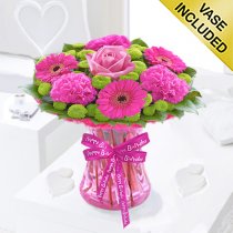 Happy Birthday Vibrant Pink Vase Code JGF375128HVB| Local Delivery Or Collect From Shop Only