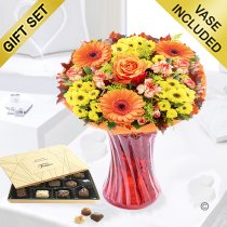 Aurelia sunset vase with a box of luxury chocolates Code JGFA396345ACC | Local delivery or collect from shop only