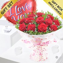 Twelve hugs and kisses with a I love you helium heart balloon Code: JGFV424012RRILYB | Local delivery or collect from shop only