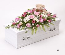 Children's Pink & White Casket Spray with Teddy Bear Code: F13781PS