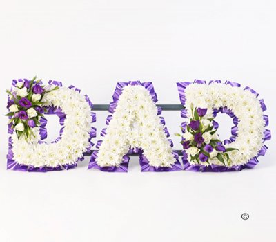 Dad letter flower tribute Purple and White Code: JGFF1871FDPR | Local delivery or collect from our shop only