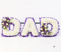 Dad letter flower tribute Purple and White Code: JGFF1871FDPR | Local delivery or collect from our shop only