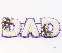 Dad letter flower tribute Purple and White Code: JGFF1871FDPR | Local delivery or collect from our shop only