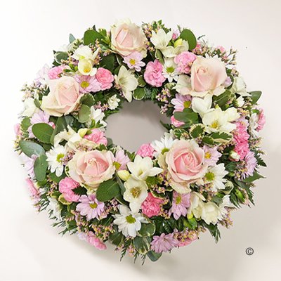 Pink and White Classic Wreath Code: JGFF370PWW | Local Delivery Or Collect From Shop Only