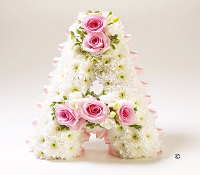 Pink Rose and White Freesia White Massed Letter Tribute Code: JGFF141PRWL| Local delivery or collect from our shop only