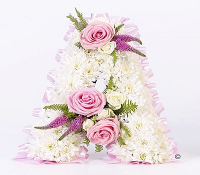 Pink Rose and White Spray Rose White Massed Letter Tribute Code: JGFF4591PS | Local delivery or collect from our shop only