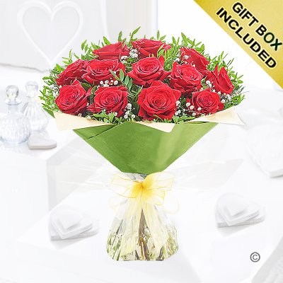 12 Luxury Red Roses ith Gypsophila  Code: JGF945012RR | Local delivery or collect from our shop only