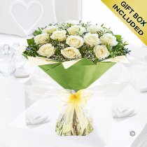 12 White Rose hand-tied with gypsophila Code: JGF945112WR | Local delivery or collect from our shop only
