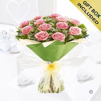 12 Pink rose hand-tied with gypsophila Code: JGF945012PR | Local delivery or collect from our shop only