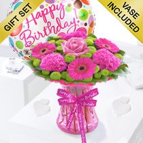 Happy Birthday Vibrant Pink Vase With A Helium Happy Birthday Balloon Code JGF375128HVBB| Local Delivery Or Collect From Shop Only