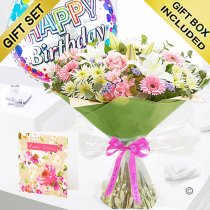 Happy Birthday Country Garden Hand-tied With Happy Birthday Balloon and Happy Birthday Card Gift Set Code: JGFC08121MS-HBC | Local Delivery Or Collect