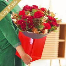 Bespoke Christmas lily free themed hand tied bouquet Code: JGFXLFHT1-0| Local delivery or collect from shop only