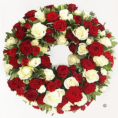 Luxurious Red and White Rose Classic Wreath Code: JGFF300RWWR | Local Delivery Or Collect From Shop Only