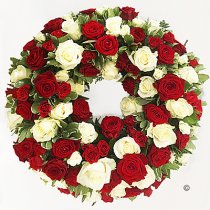 Luxurious Red and White Rose Classic Wreath Code: JGFF300RWWR | Local Delivery Or Collect From Shop Only