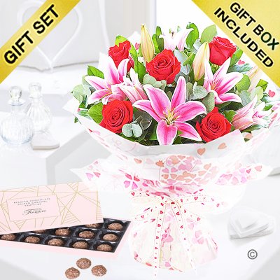 Rose and lily hand-tied with luxury Belgian salted caramel chocolate truffles Code: JGF20005RRLSCT  | Local delivery or collect from shop only