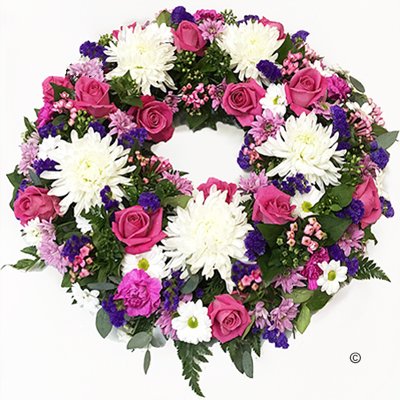 Luxurious White, Purple and Pink Classic Wreath Code: JGFF200LPWPW | Local Delivery Or Collect From Shop Only