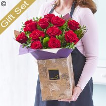 Valentines 12 red rose hand-tied with Belgian salted caramel truffles Code: V12RRHT-SCT | National delivery and local delivery or collect from our sh