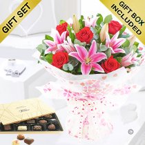 Valentine's rose and lily hand-tied with chocolates Code: JGFV20005RL-C | Local delivery or collect from our shop only