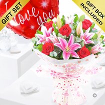 Valentines rose and lily hand-tied with a I love you red heart balloon Code: JGFV20072RL-ILYB | Local delivery or collect from shop only