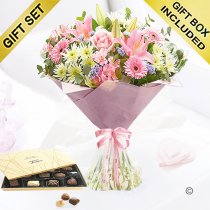 Happy mothers day hand-tied with a box of chocolates Code: JGFM475HMHT-C | Local delivery or collect from our shop only