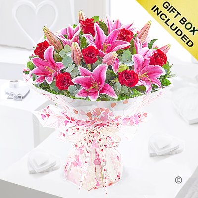 Large red rose and lily hand-tied Code: JGF2007LRL | Local Delivery Or Collect From Shop Only
