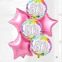 60th happy birthday balloon bouquet pink stars Code: JGF0360PSHB | Local Delivery Or Collect From Shop Only