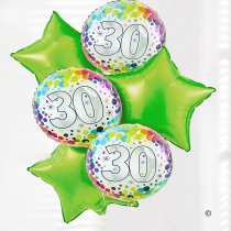 30th happy birthday balloon bouquet lime green and dots Code: JGF0230LGDBB | Local Delivery Or Collect From Shop Only