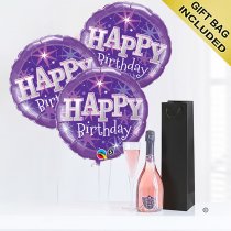 Happy birthday sparkling rose wine and purple balloon celebration  Code: JGFB5RWPBGS | local delivery or collect from shop only