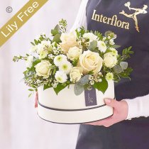 Sympathy lily free florist choice hatbox Code: LFHBOXSY1| National delivery and local delivery or collect from shop