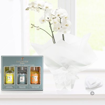 White phalaenopsis orchid plant with a Sipsmith gin trio gift set Code: JGF1454POW-SG | Local delivery or collect from shop only