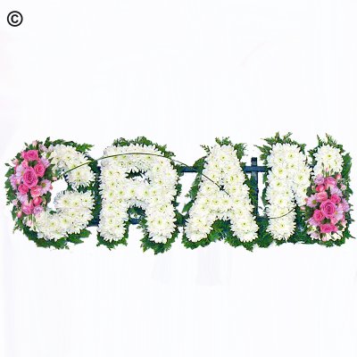 Gran funeral flower letter tribute pink and white Code: JGFF3872PWG | Local delivery or collect from our shop only