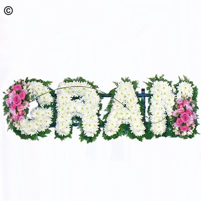 Gran funeral flower letter tribute pink and white Code: JGFF3872PWG | Local delivery or collect from our shop only