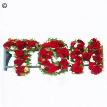 Tom letter flower tribute red and white Code: JGFF781RTOM| Local delivery or collect from our shop only