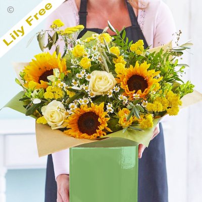 Handcrafted lily free yellow and white bouquet Code: JGFLFHYHTU1 | Local delivery or collect from our shop only